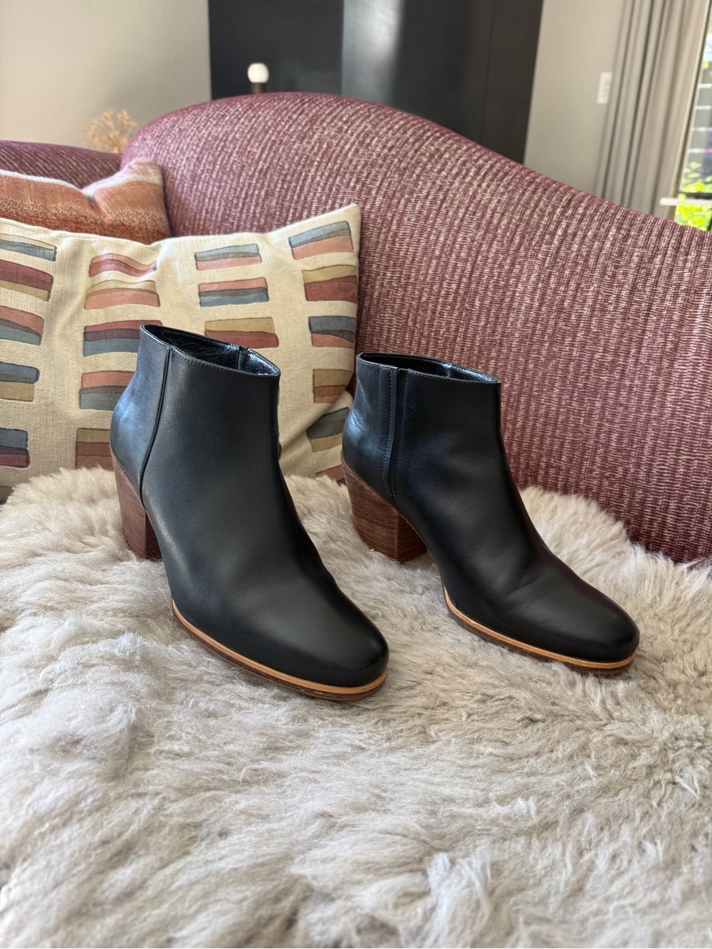 Rachel Comey Black Leather Ankle Booties with Stacked Wood Heel